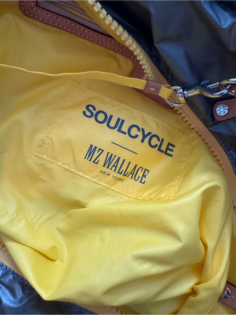 MZ Wallace Quilted Nylon Duffel Bag in Charcoal with Yellow Accent. SOULCYCLE - Picture 3 of 4